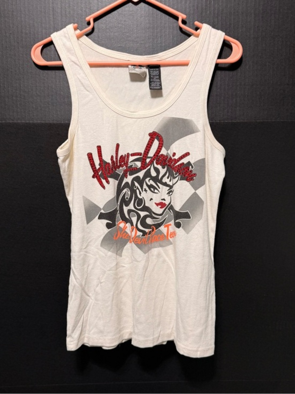 🔱Harley Davidson Cream Red Rhinestone Tank Top